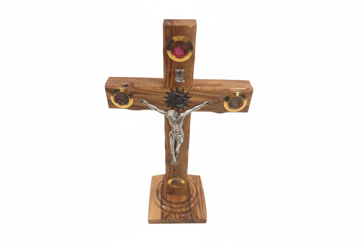 Standing Olive Wood Crucifix with Relics | Altar Table Cross | Catholic Gift from Bethlehem | Christmas