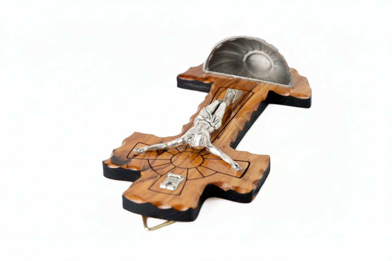 Handmade Olive Wood Crucifix with Holy Water Holder, Religious Gift