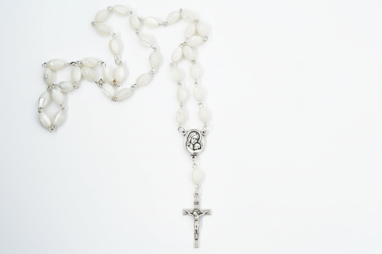 Pearl Rosary Bead Necklace Catholic Gift Mother of Pearl Beads Necklace Catholic Jewelry Traditional Catholic Wedding Gift Catholic Rosary