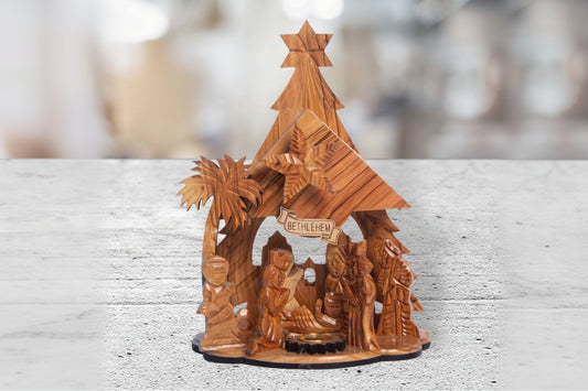 Hand Carved Olive Wood Nativity Set, Silent Night Music Box