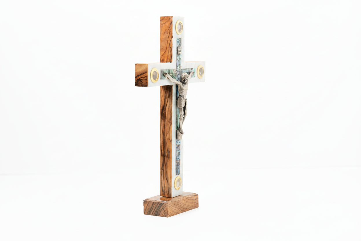 Olive Wood Crucifix with Mother of Pearl, Holy Land Relics