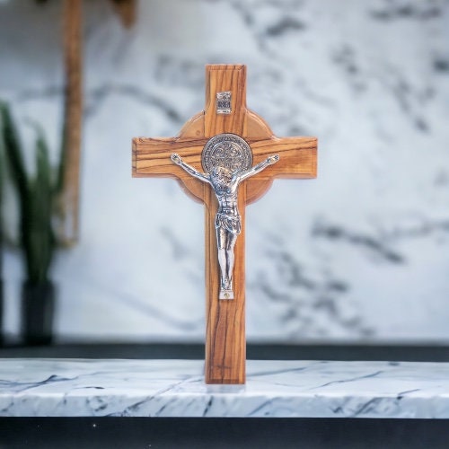 St. Benedict Olive Wood Cross, Catholic Christmas Gift, Hand-Made Religious Decor, Holy Land Crucifix.