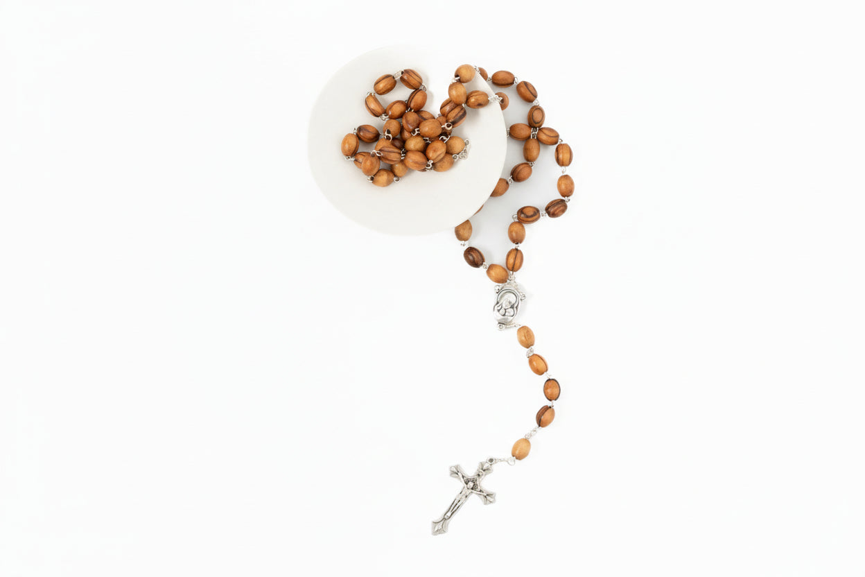 Handmade Olive Wood Rosary, Catholic Gift from Holy Land, Wooden Prayer Beads with Soil