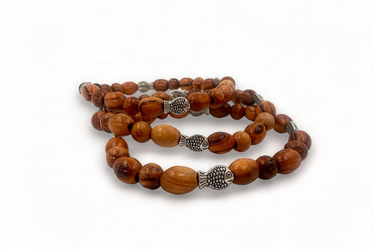 Jesus Fish Olive Wood Bead Bracelet - Christian Bracelet from the Holy Land.