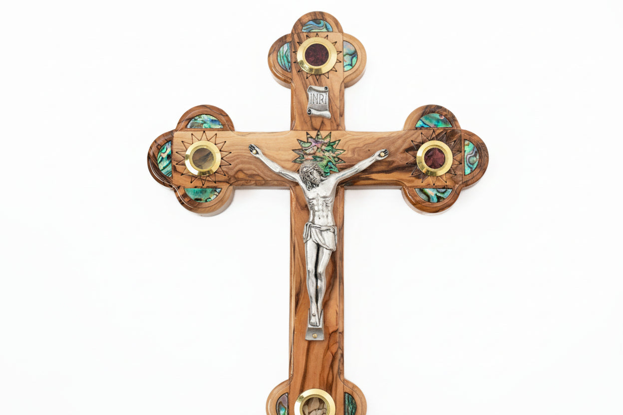 Olive Wood Cross: Mother of Pearl Inlay, Holy Land Relics