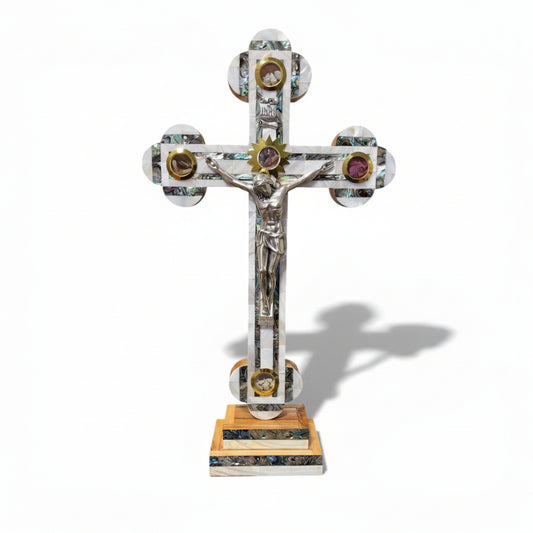 18" Olive Wood Wall & Standing Crucifix, Mother of Pearl Inlay, Catholic Gift.