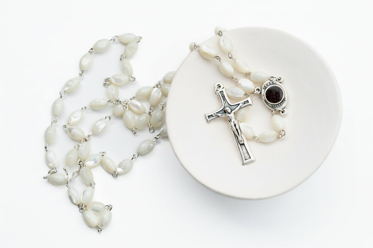 Pearl Rosary Bead Necklace Catholic Gift Mother of Pearl Beads Necklace Catholic Jewelry Traditional Catholic Wedding Gift Catholic Rosary