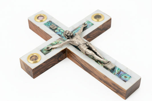 Olive Wood Crucifix with Mother of Pearl, Holy Land Relics