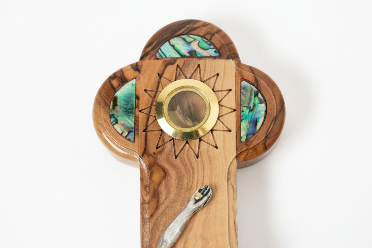 Olive Wood Cross: Mother of Pearl Inlay, Holy Land Relics