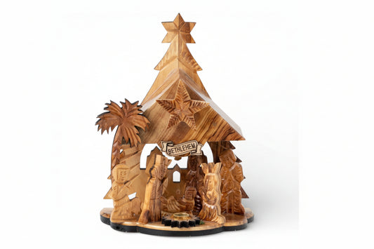 Hand Carved Olive Wood Nativity Set, Silent Night Music Box
