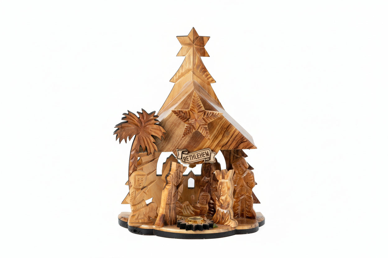 Hand Carved Olive Wood Nativity Set, Silent Night Music Box