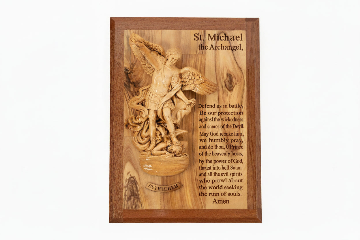 St. Michael Archangel Olive Wood Icon, Christian Wall Art, Holy Land Gift (12x8.5 in)