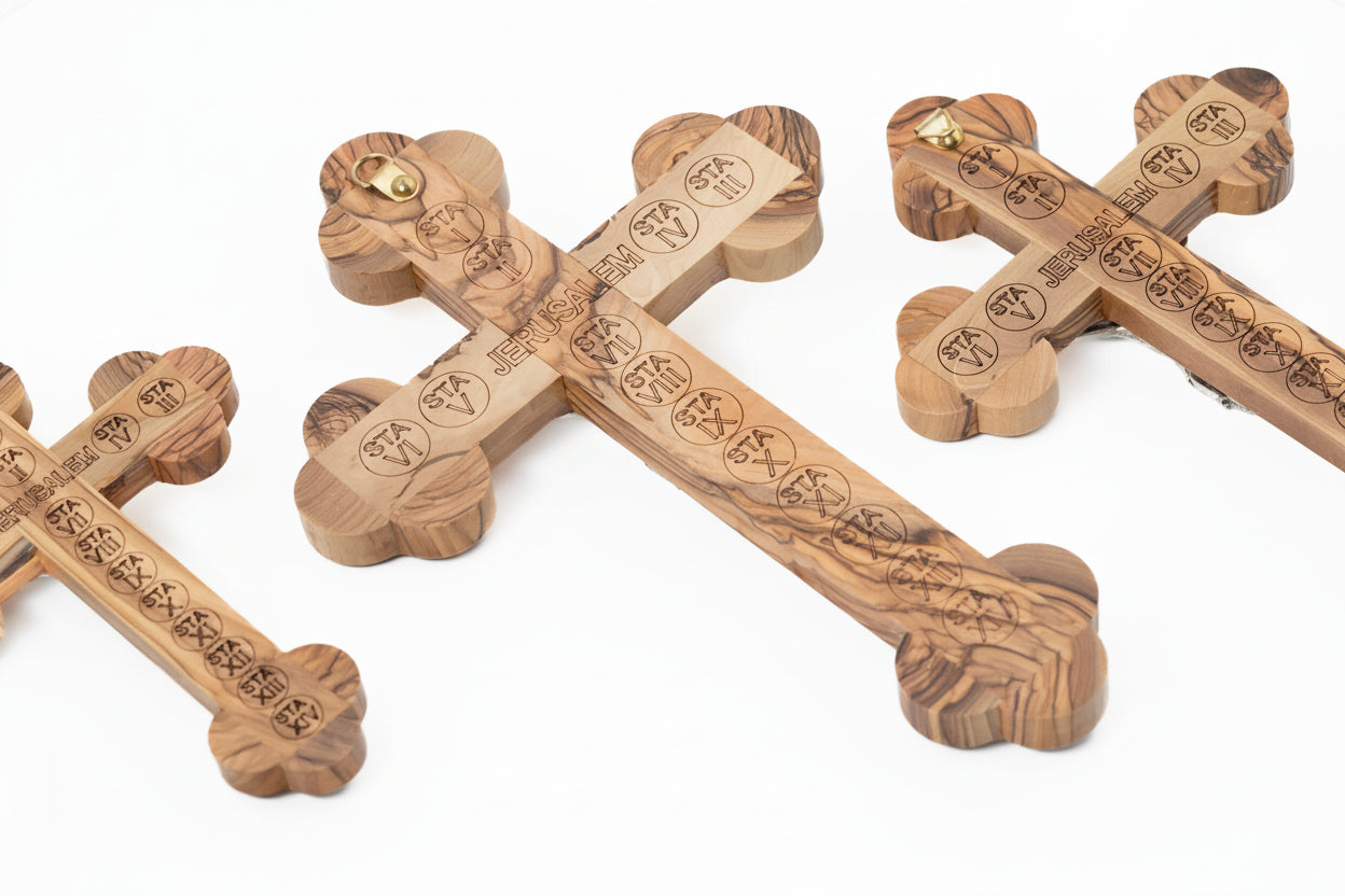 Olive Wood Cross: Mother of Pearl Inlay, Holy Land Relics