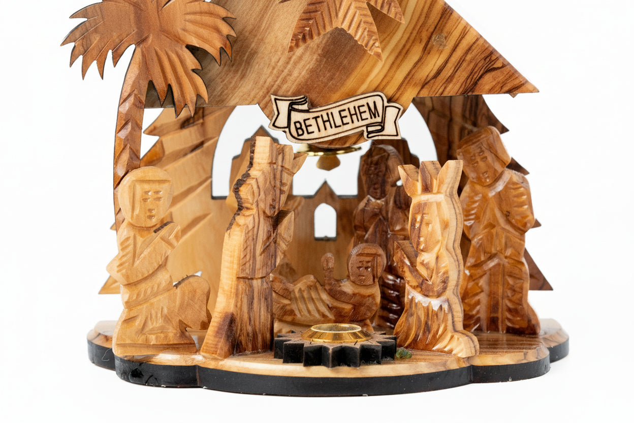 Hand Carved Olive Wood Nativity Set, Silent Night Music Box