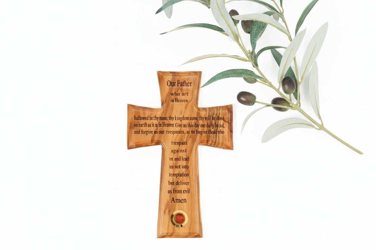 Olive Wood Cross with Lord's Prayer, Holy Water Holder