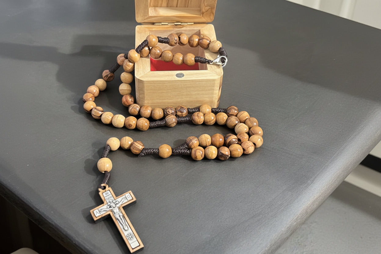Olive Wood Rosary with Metal Cross Pendant, Christmas Gift