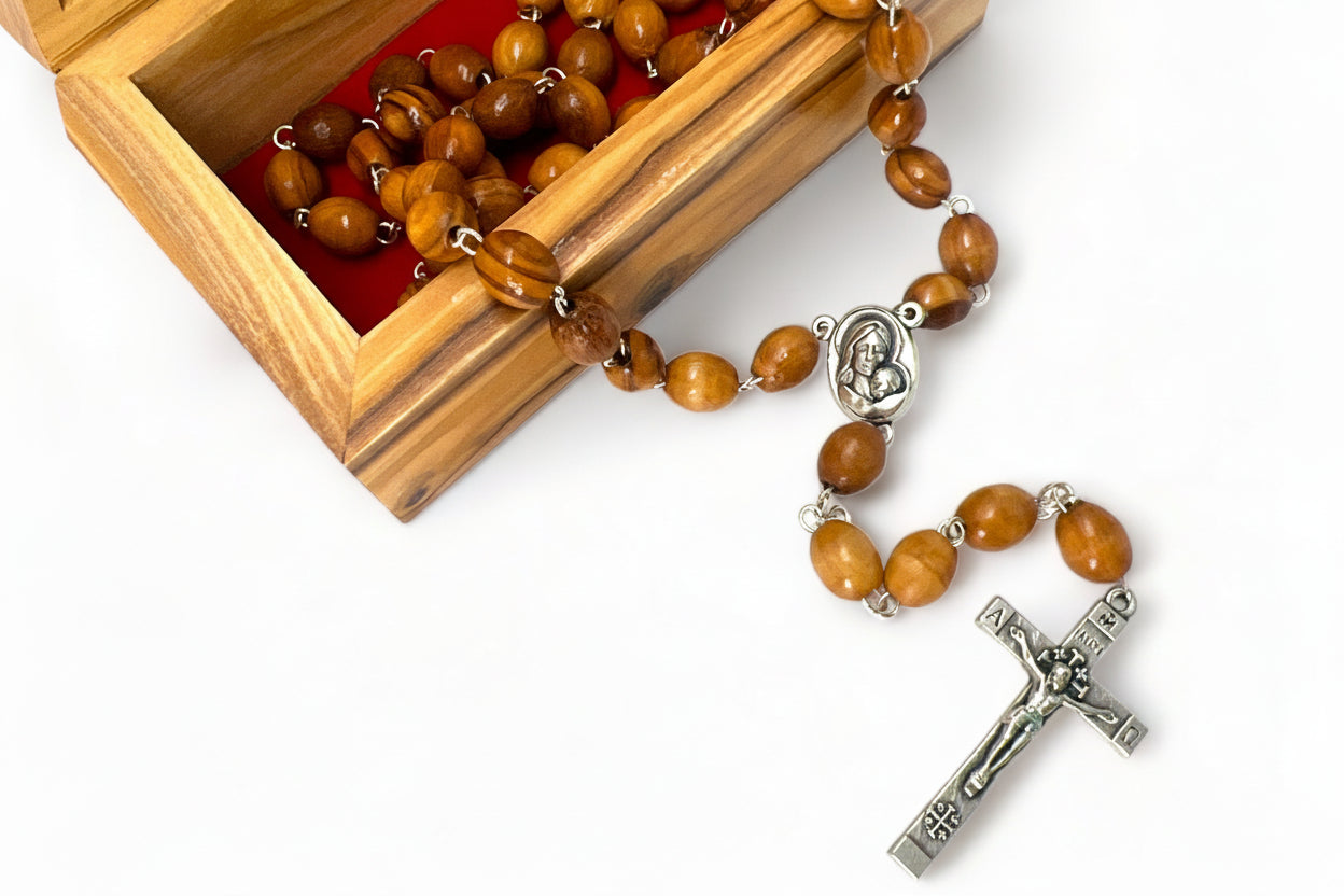 Olive Wood Catholic Rosary, Bethlehem Holy Land Gift,Wooden Prayer Beads with Soil