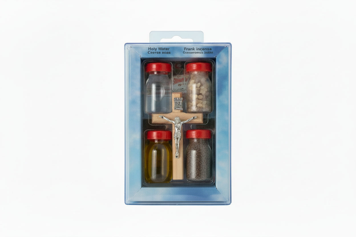 Holy Land Gift Set: Olive Wood Cross, Soil, Water, Oil, Incense