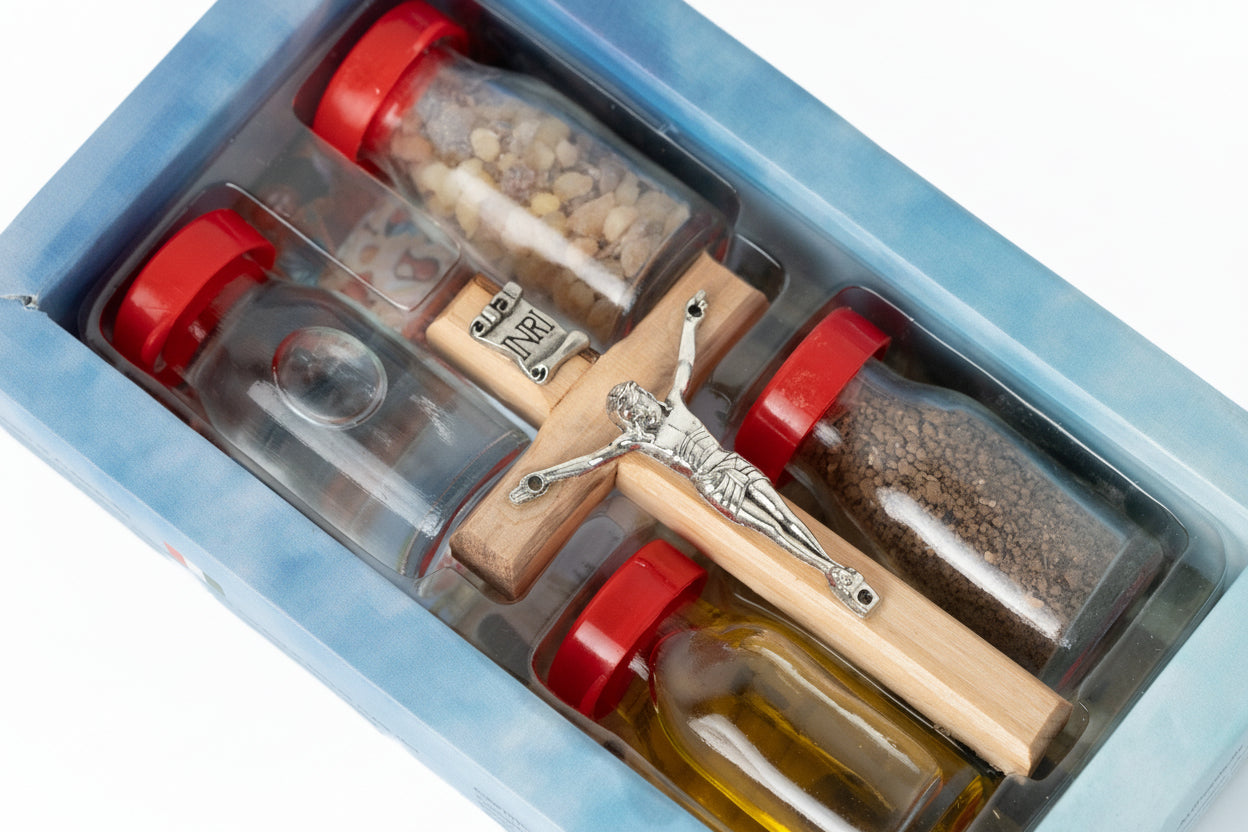 Holy Land Gift Set: Olive Wood Cross, Soil, Water, Oil, Incense