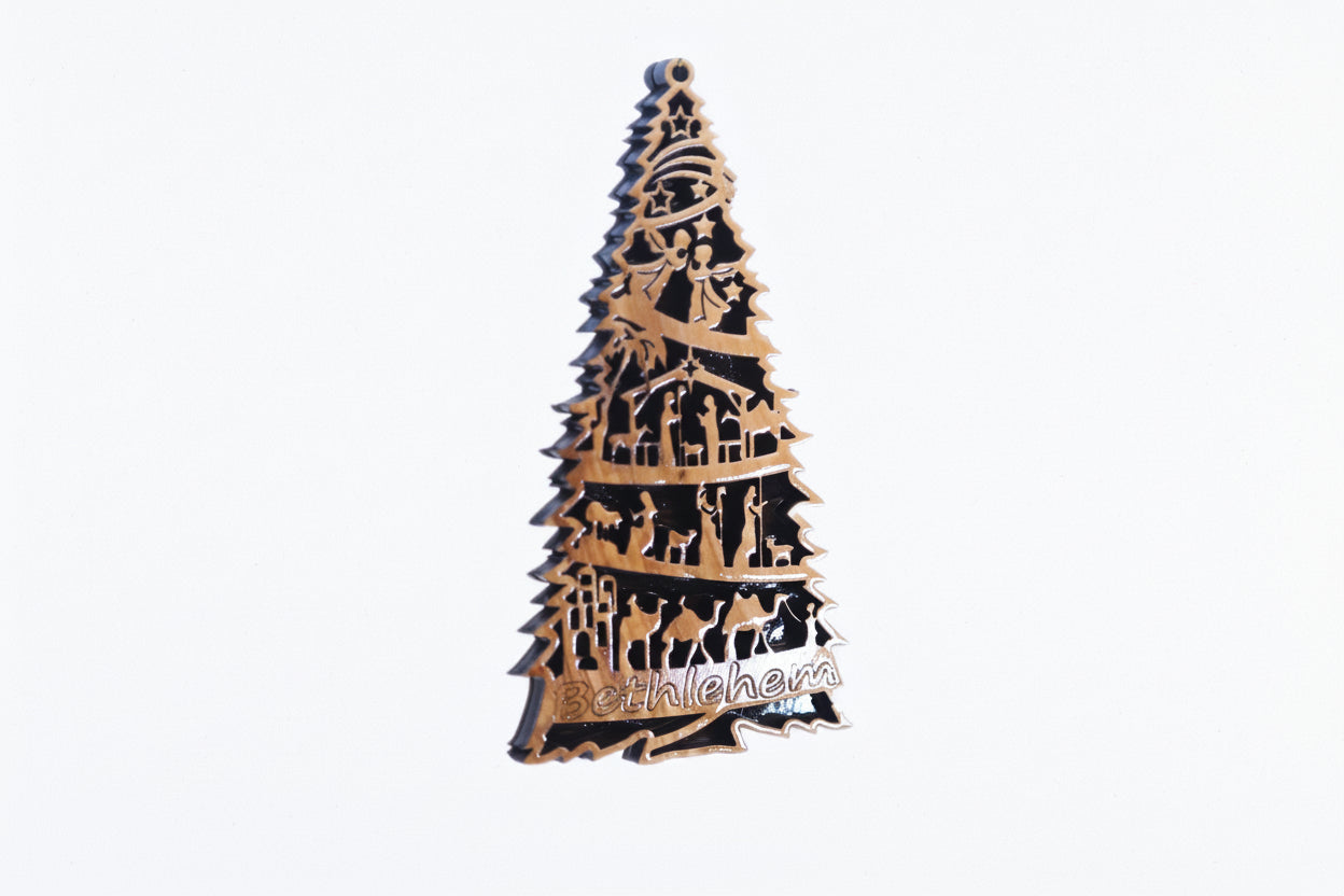 Christmas Tree Ornament Christmas Gift Olive Wood Christmas Ornaments Laser Cut Christmas Tree with Nativity Scene Christmas Gift Ideas