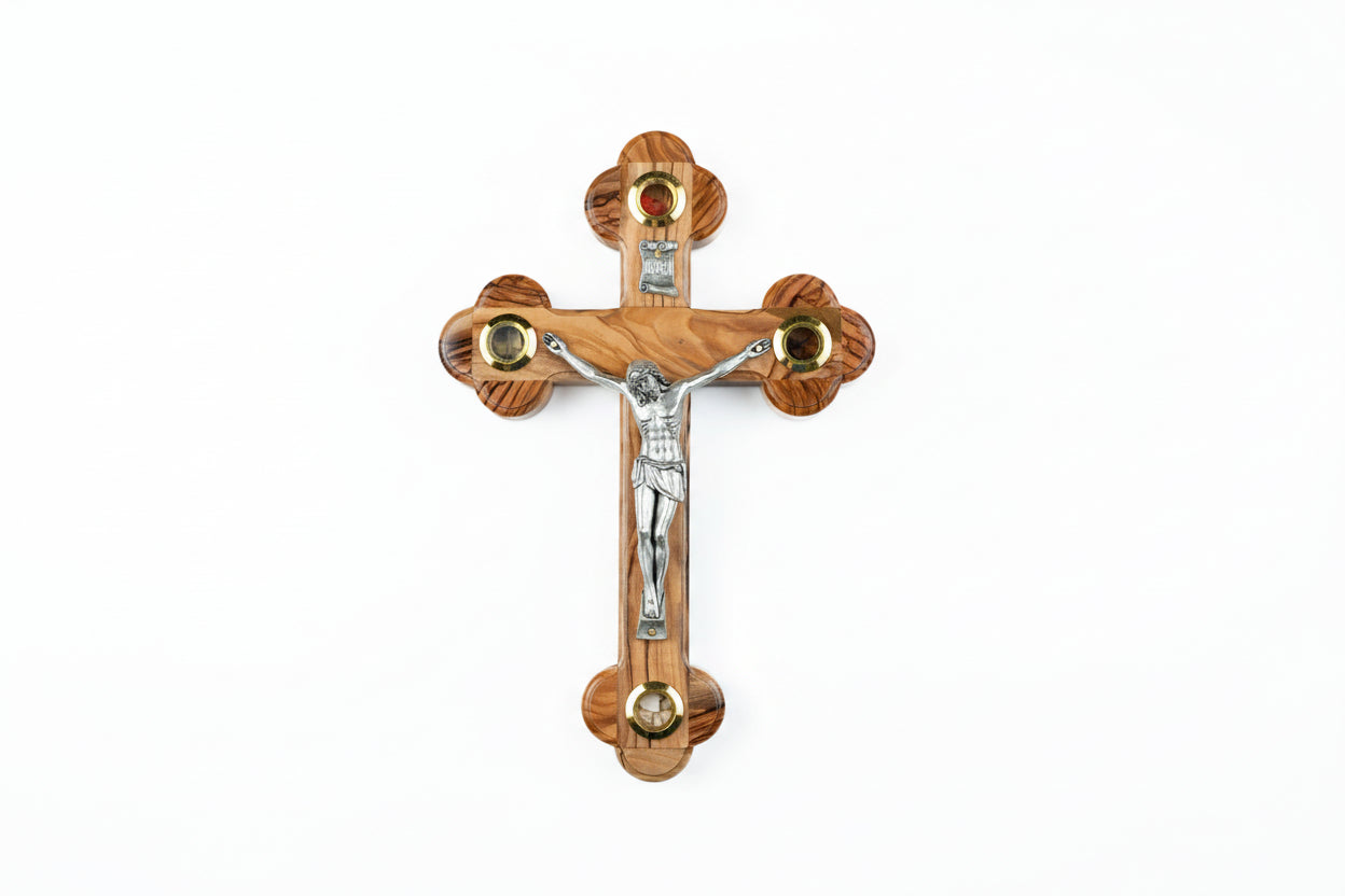Handmade Olive Wood Crucifix: Jerusalem Holy Land Cross with Relics