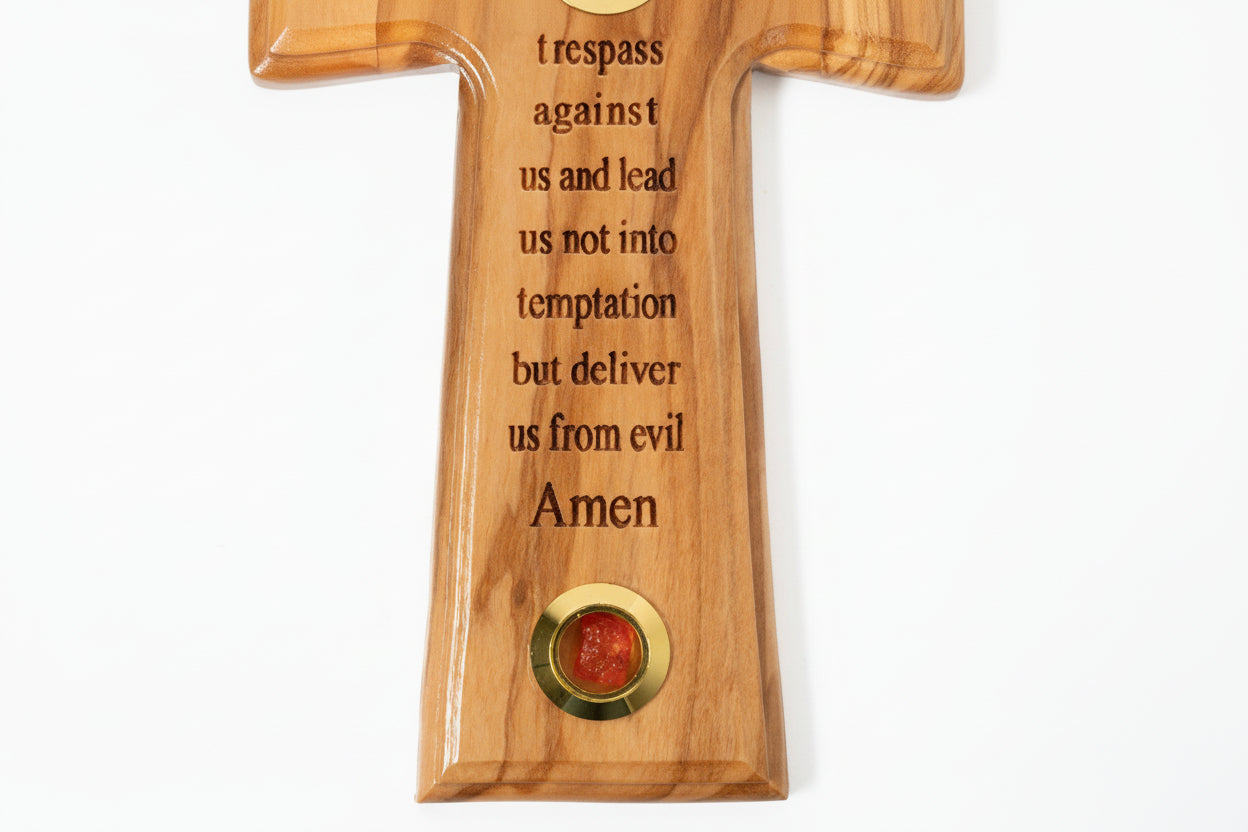 Olive Wood Cross with Lord's Prayer, Holy Water Holder