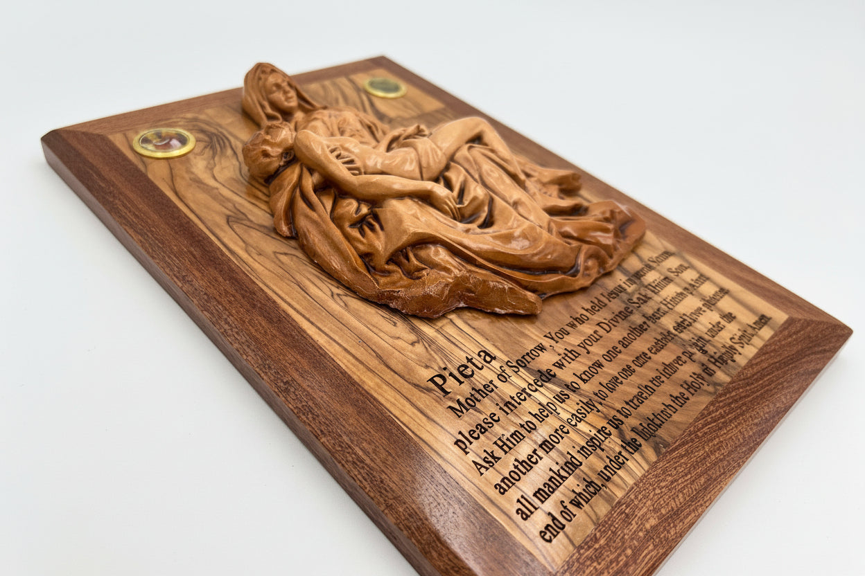 Olive Wood Pieta Plaque , Hand Carved Religious Wall Art, Holy Land Gift 12x8.5in
