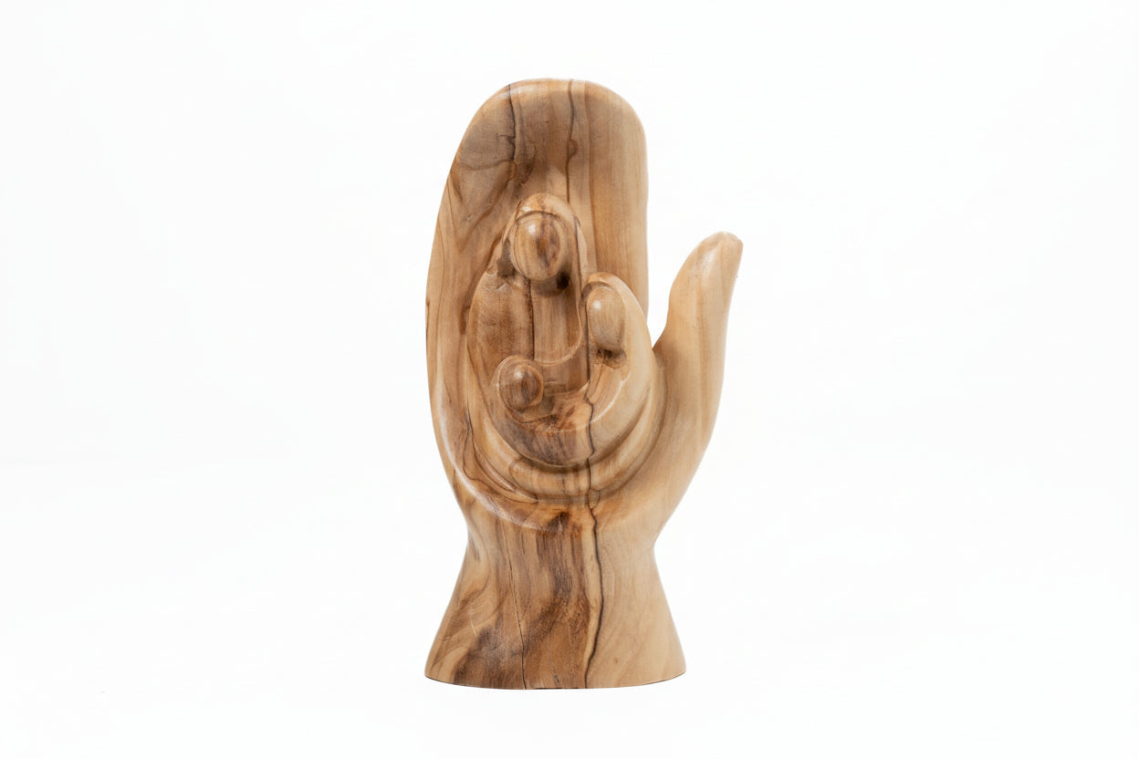 Olive Wood Holy Family Statue:  The Lords Hand, Hand of God Sculpture, Home Decor