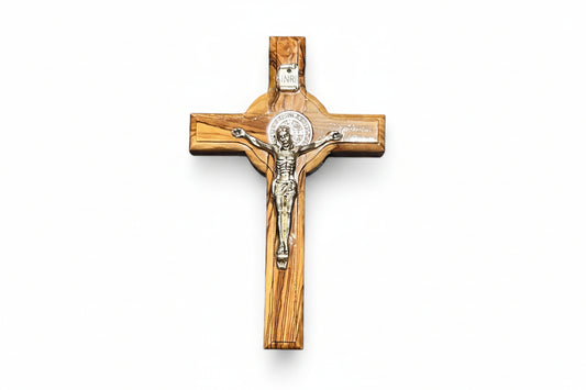 St. Benedict Olive Wood Cross, Catholic Christmas Gift, Hand-Made Religious Decor, Holy Land Crucifix.