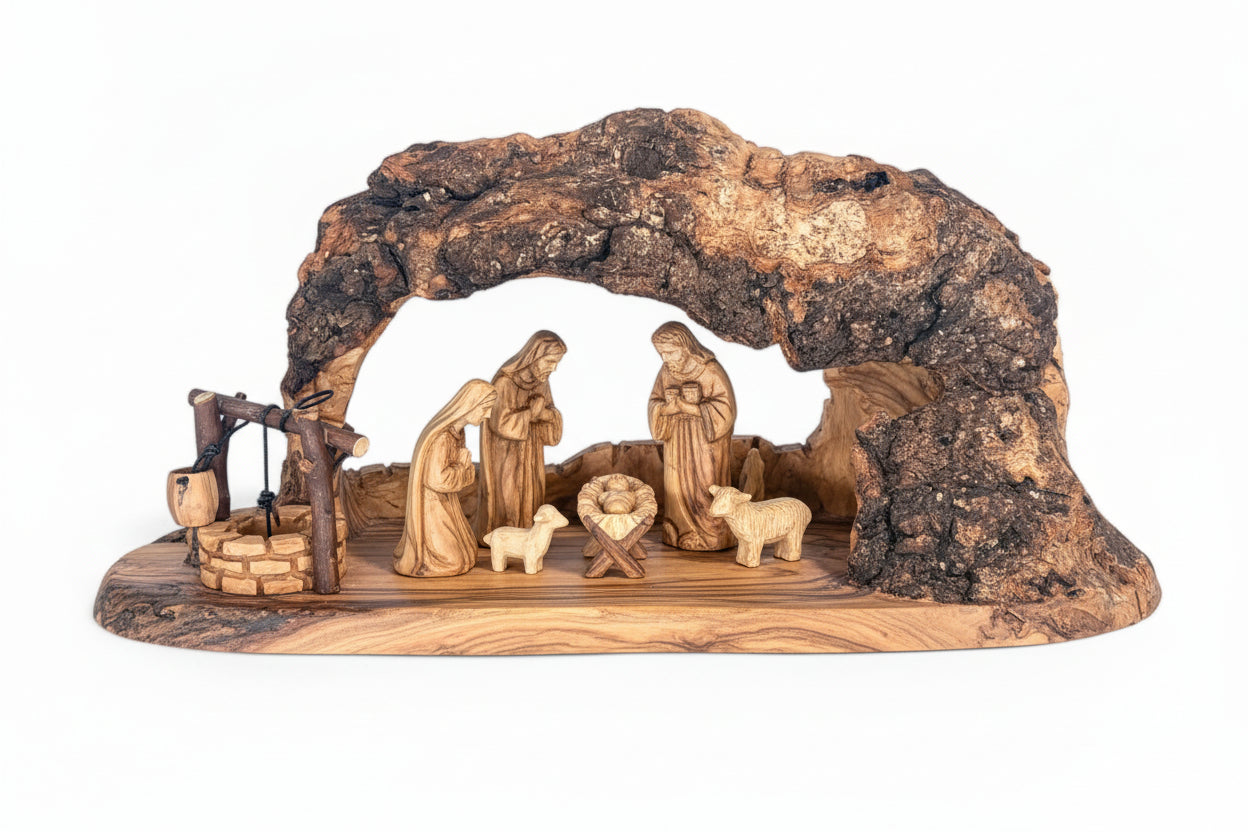 Wooden Nativity set I Manger carved inside of Olive wood Branch,  Manger Decor.