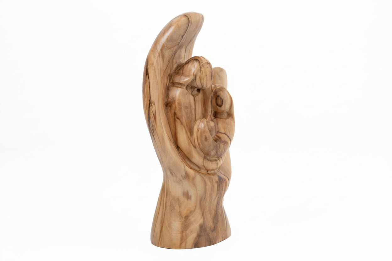 Olive Wood Holy Family Statue:  The Lords Hand, Hand of God Sculpture, Home Decor