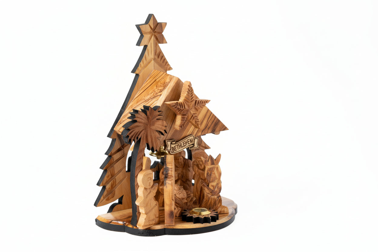 Hand Carved Olive Wood Nativity Set, Silent Night Music Box