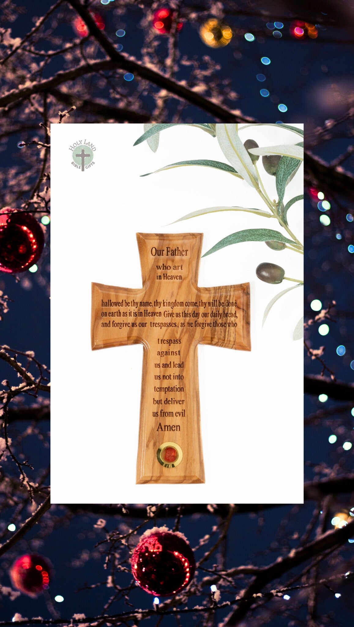 Olive Wood Cross with Lord's Prayer, Holy Water Holder