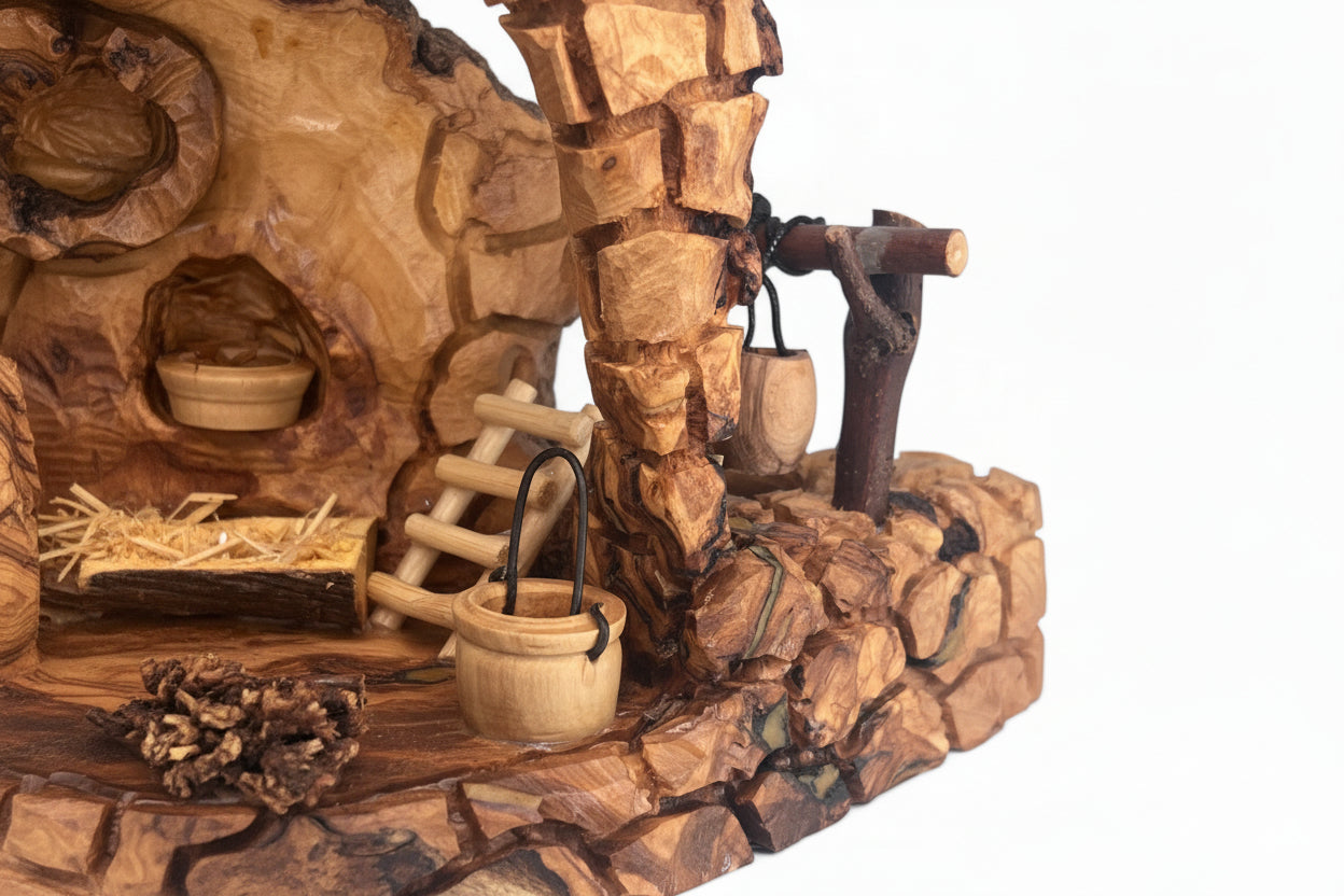 Wooden Nativity set I Manger carved inside of Olive wood Branch,  Manger Decor.