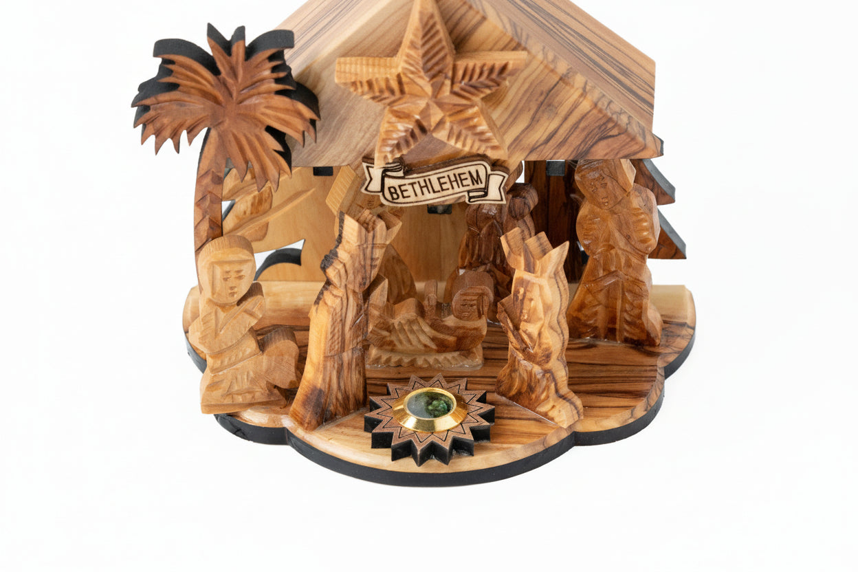 Hand Carved Olive Wood Nativity Set, Silent Night Music Box